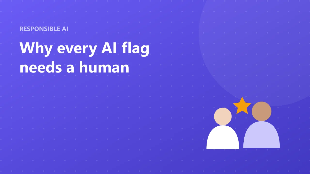 Illustration of two people reviewing an AI decision, with a star representing human judgment